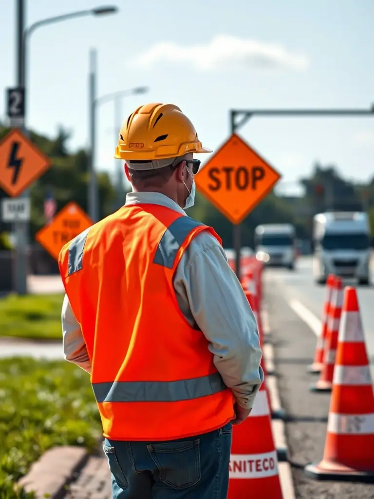 A certified traffic control technician from WAB Traffic Solutions supervising a work zone, ensuring compliance with safety regulations and smooth traffic management during a road construction project.