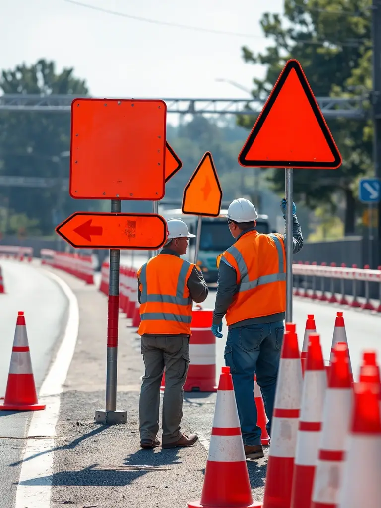WAB Traffic Solutions team setting up traffic control signs and arrow boards at a road construction site, ensuring clear communication and safe navigation for drivers during the day.