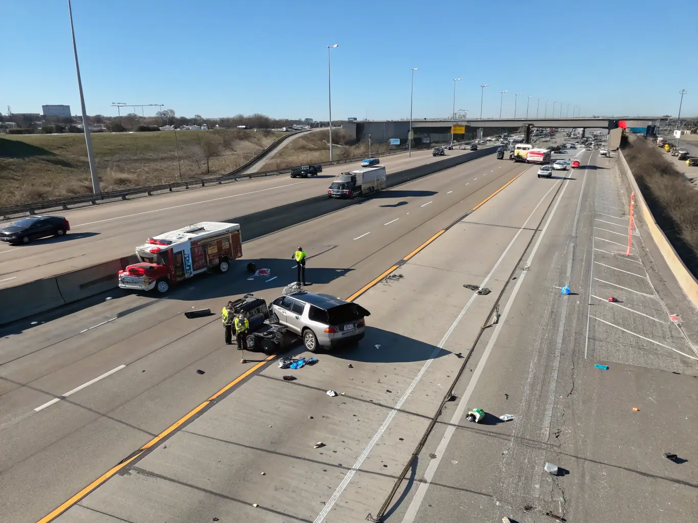 A crash truck (TMA) deployed in a high-speed work zone, protecting workers from errant vehicles and ensuring traffic flow is maintained.