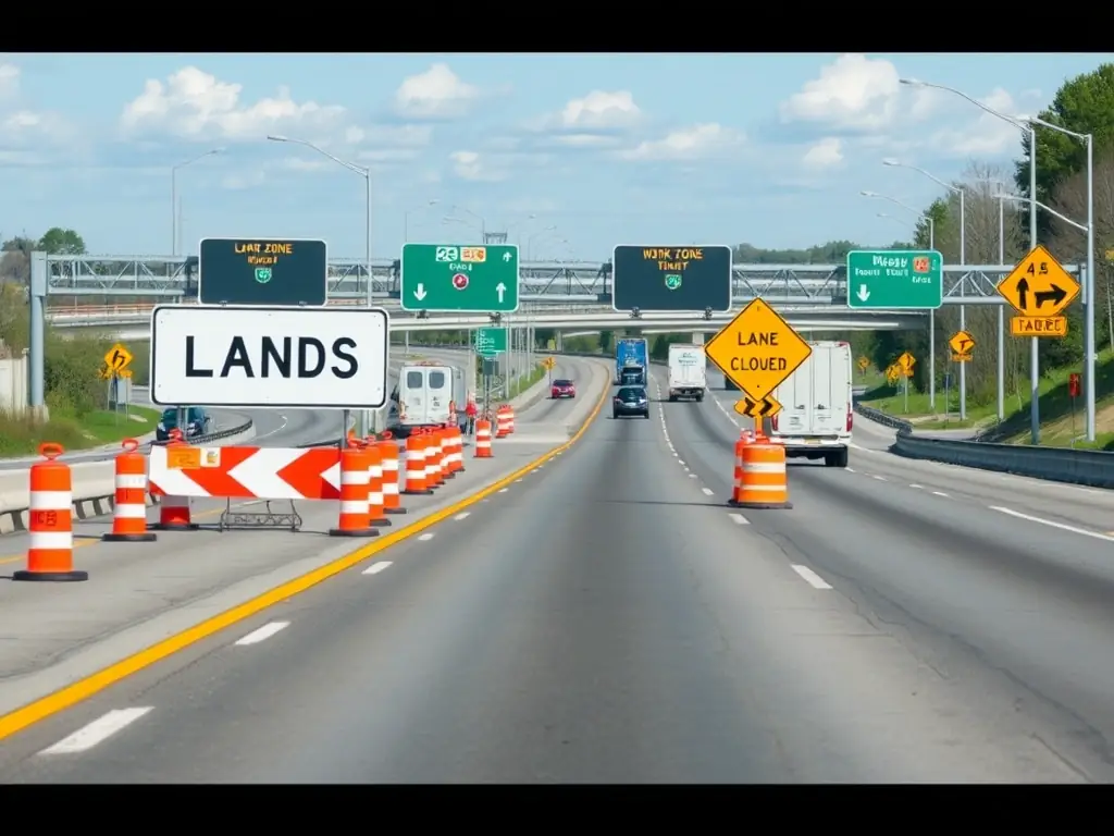 A construction site with lane closure in progress, showcasing the safety measures implemented by WAB Traffic Solutions, including cones, signs, and a crash truck.