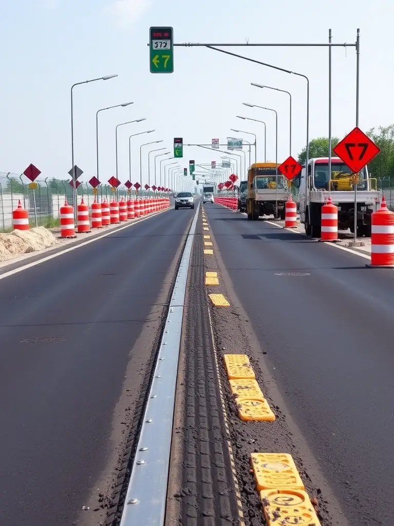A high-angle shot of a highway lane closure setup by WAB Traffic Solutions, showcasing the use of cones, barriers, and signage to safely divert traffic around a construction zone during daytime.